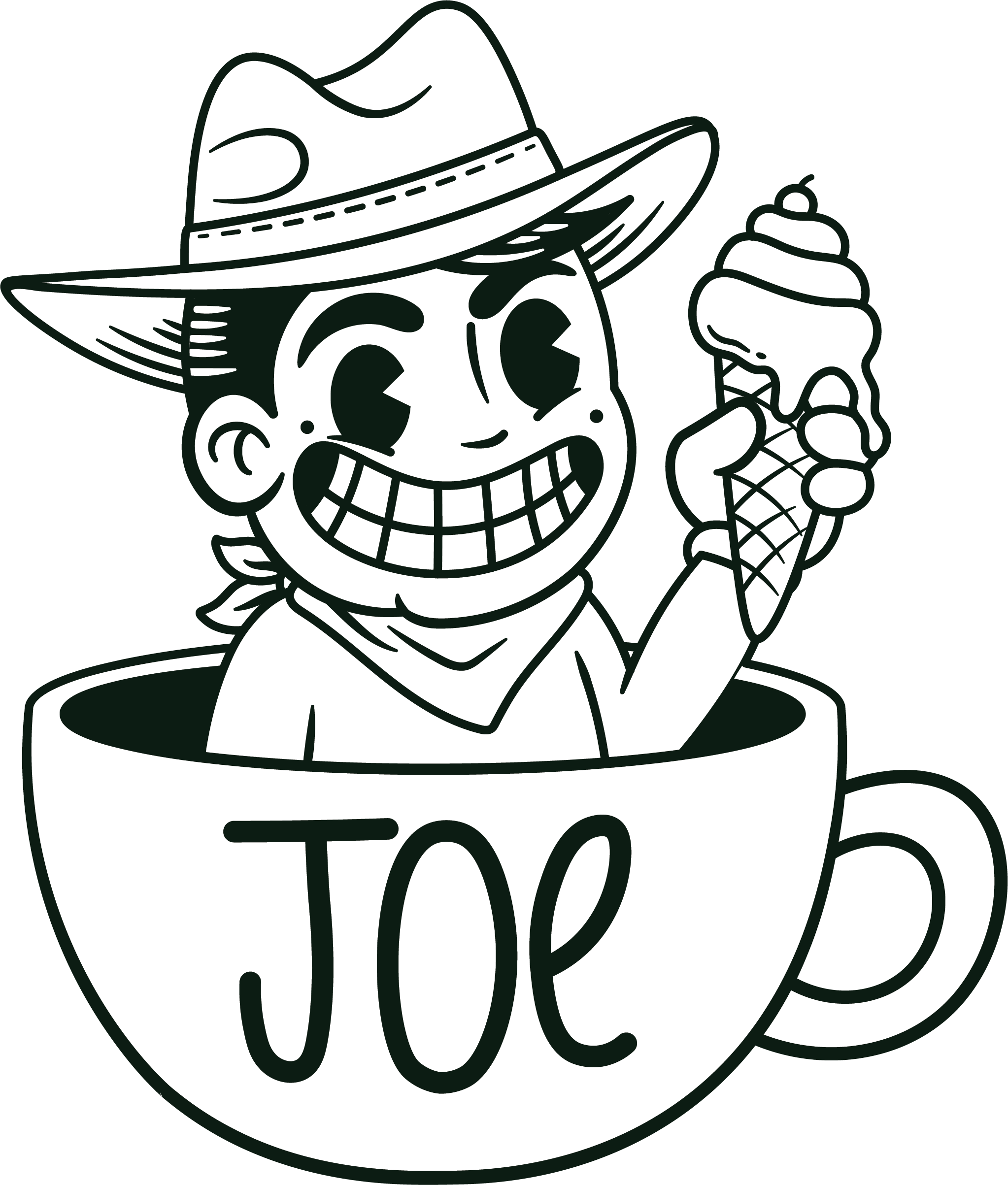 Joe, la mascotte, assis dans une tasse de café